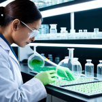 A highly detailed image of a cutting-edge biofabric research laboratory. In the foreground, a professional scientist, fully clothed in a clean lab coat, meticulously examines glowing, organic-looking material samples within advanced bioreactors and petri dishes, data displays subtly showing complex molecular structures. The lab environment is sleek, modern, and sterile, with intricate scientific equipment. The atmosphere is one of intense focus and groundbreaking discovery, yet with an underlying sense of inquiry into the material's intricate properties. High resolution, professional photography, cinematic lighting. fully clothed, modest clothing, appropriate attire, professional dress, perfect anatomy, correct proportions, natural pose, well-formed hands, proper finger count, natural body proportions, safe for work, appropriate content, professional, family-friendly.