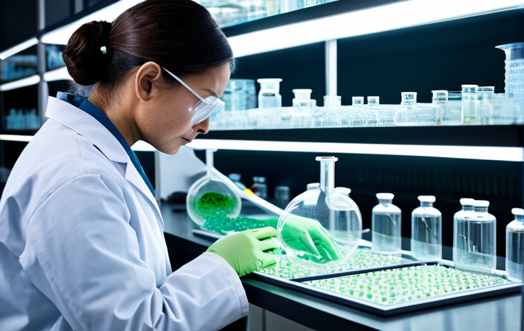 A highly detailed image of a cutting-edge biofabric research laboratory. In the foreground, a professional scientist, fully clothed in a clean lab coat, meticulously examines glowing, organic-looking material samples within advanced bioreactors and petri dishes, data displays subtly showing complex molecular structures. The lab environment is sleek, modern, and sterile, with intricate scientific equipment. The atmosphere is one of intense focus and groundbreaking discovery, yet with an underlying sense of inquiry into the material's intricate properties. High resolution, professional photography, cinematic lighting. fully clothed, modest clothing, appropriate attire, professional dress, perfect anatomy, correct proportions, natural pose, well-formed hands, proper finger count, natural body proportions, safe for work, appropriate content, professional, family-friendly.