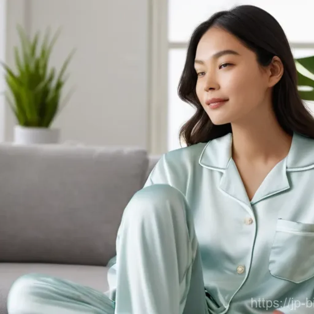 바이오패브릭과 화학 섬유의 차이점 - **Prompt:** A young woman is relaxing comfortably in a bright, airy living room, gently touching the...
