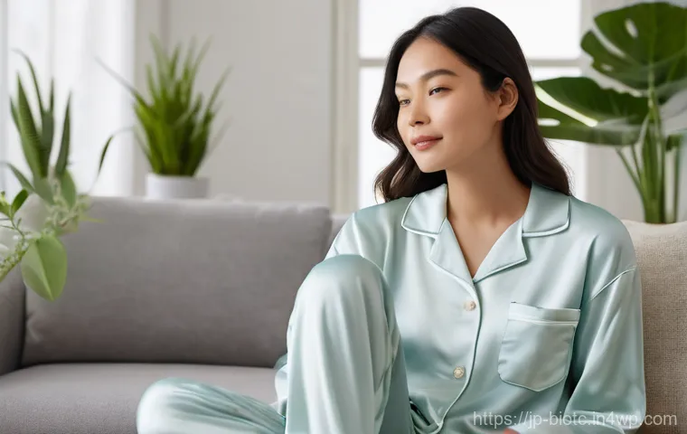 바이오패브릭과 화학 섬유의 차이점 - **Prompt:** A young woman is relaxing comfortably in a bright, airy living room, gently touching the...