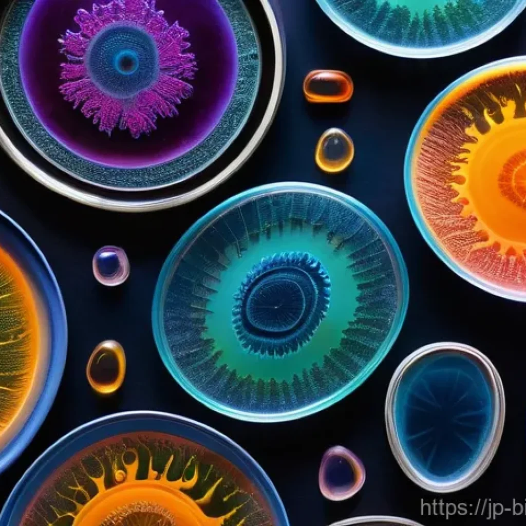 바이오패브릭을 활용한 예술 작품 - **"Microbial Canvas: Living Abstract Art"**
    A close-up, high-definition photograph of a single p...