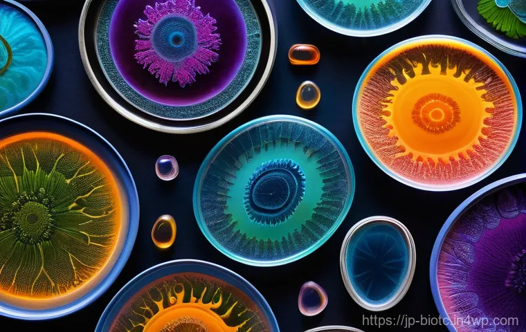 바이오패브릭을 활용한 예술 작품 - **"Microbial Canvas: Living Abstract Art"**
    A close-up, high-definition photograph of a single p...