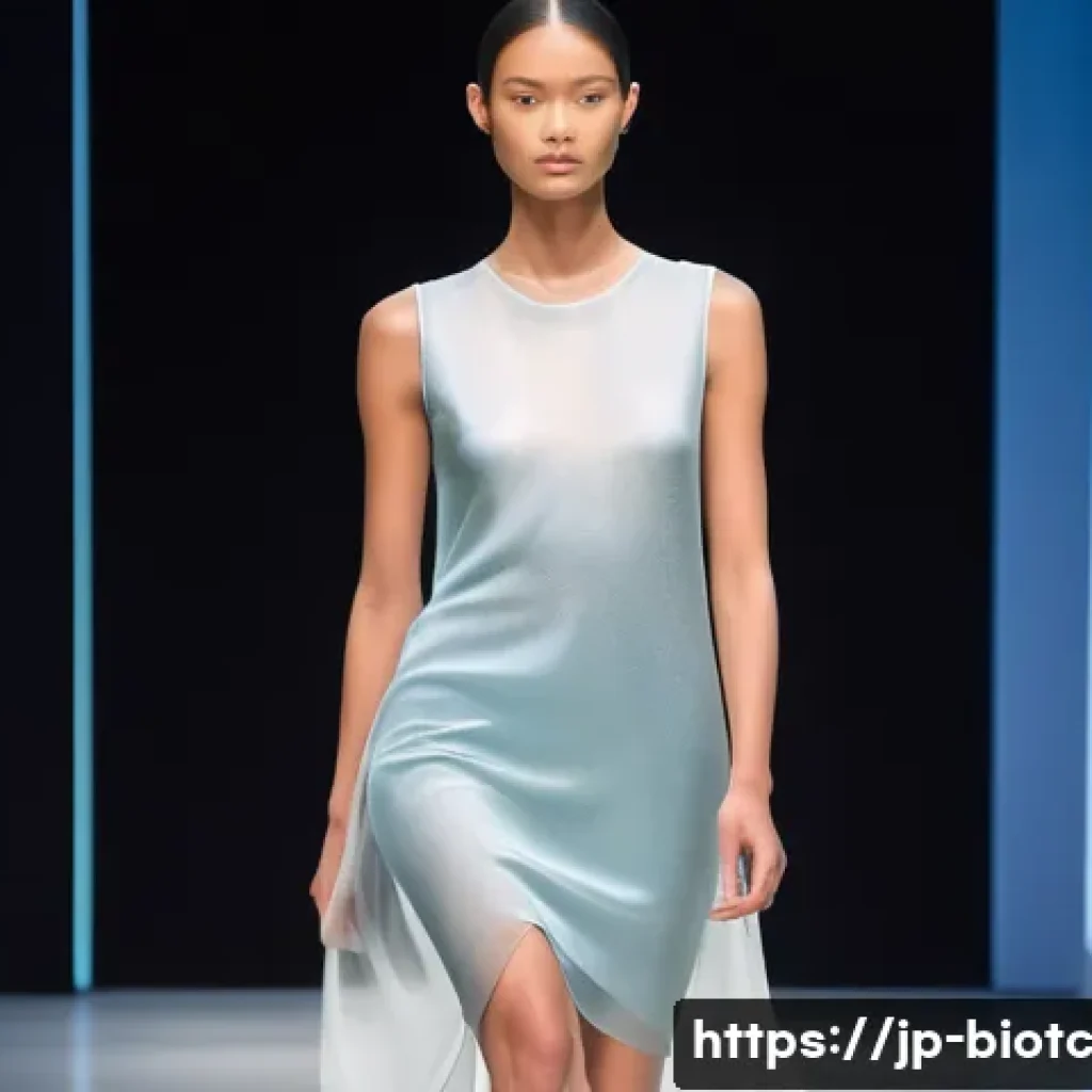 바이오패브릭의 디지털 혁신 적용 사례 - **"Elegance in Bio-Silk: A Futuristic Runway"**
    A full-body shot of a confident female model gra...