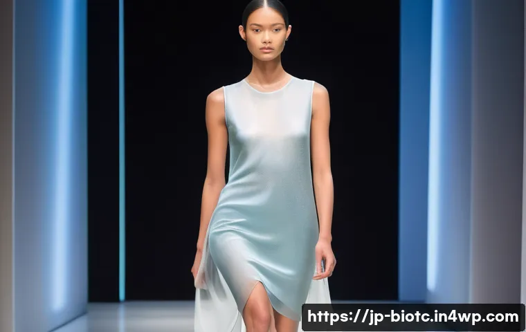 바이오패브릭의 디지털 혁신 적용 사례 - **"Elegance in Bio-Silk: A Futuristic Runway"**
    A full-body shot of a confident female model gra...