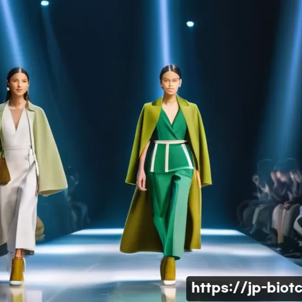 바이오패브릭과 기업의 공동 브랜드 전략 - A sleek fashion runway scene showcasing models wearing modern, stylish clothing made from biofabric ...