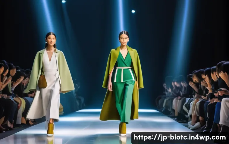 바이오패브릭과 기업의 공동 브랜드 전략 - A sleek fashion runway scene showcasing models wearing modern, stylish clothing made from biofabric ...