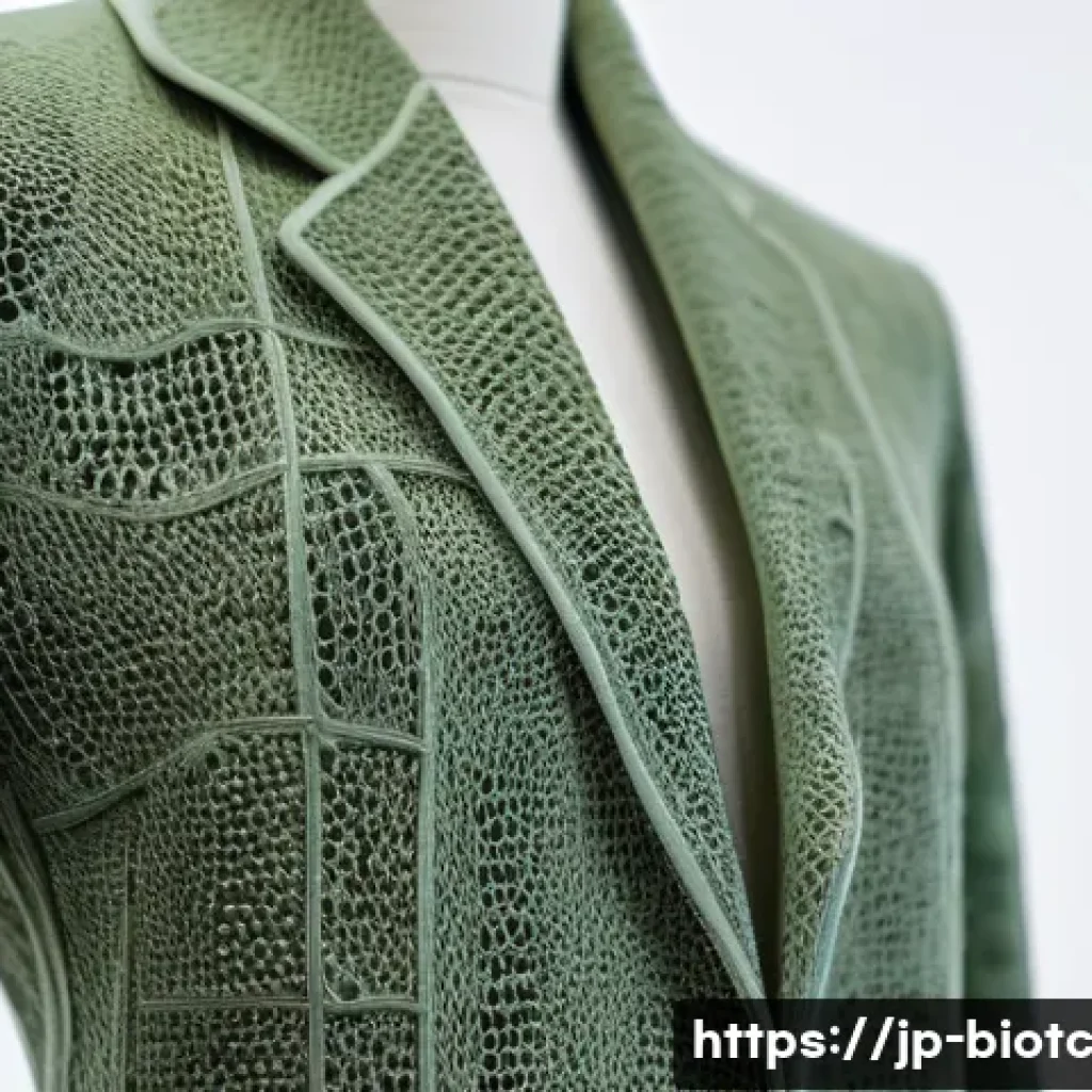 바이오패브릭 혁신 프로젝트 사례 연구 - A close-up, hyper-detailed image of a futuristic sustainable fashion jacket made from mushroom mycel...