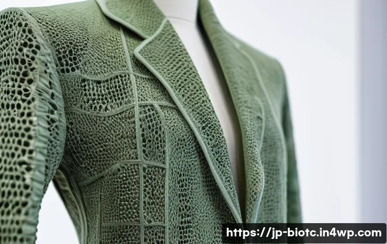 바이오패브릭 혁신 프로젝트 사례 연구 - A close-up, hyper-detailed image of a futuristic sustainable fashion jacket made from mushroom mycel...
