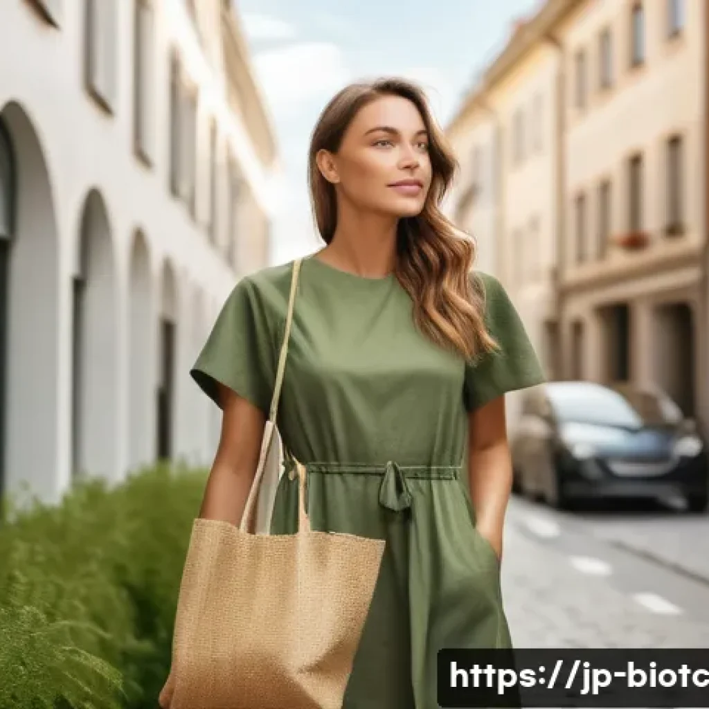바이오패브릭의 해외 진출 전략 - A stylish, eco-conscious young woman in modern casual attire made of biofabric, standing in a bright...