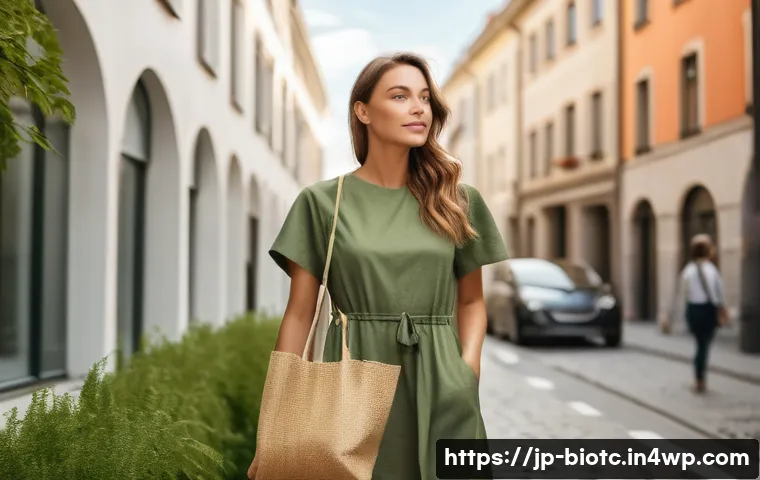 바이오패브릭의 해외 진출 전략 - A stylish, eco-conscious young woman in modern casual attire made of biofabric, standing in a bright...