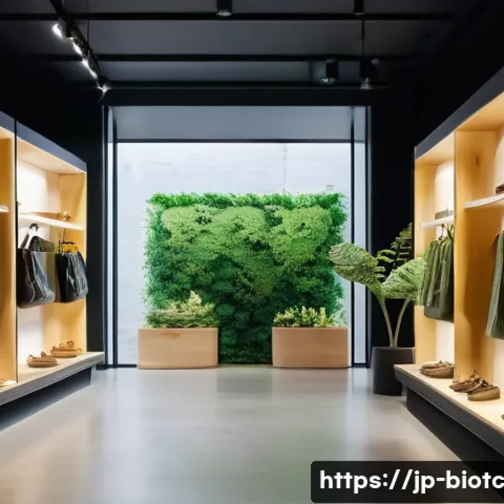 바이오패브릭의 연구 및 개발 투자 비율 - A sleek, modern fashion boutique interior showcasing a collection of biofabric bags and shoes made f...