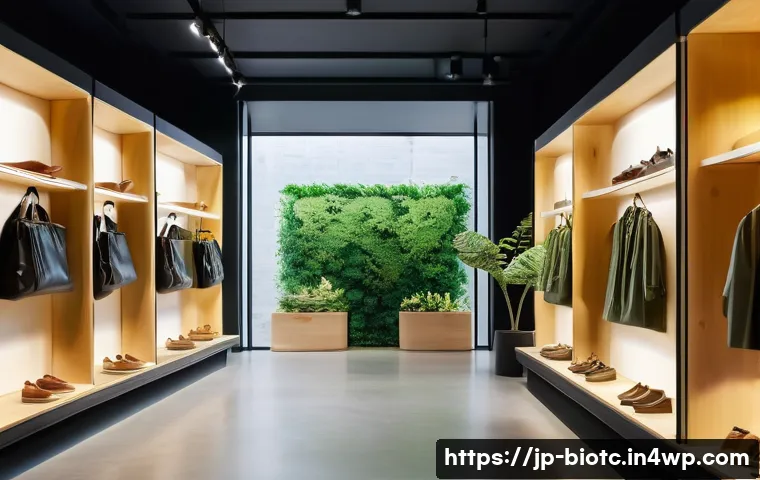 바이오패브릭의 연구 및 개발 투자 비율 - A sleek, modern fashion boutique interior showcasing a collection of biofabric bags and shoes made f...