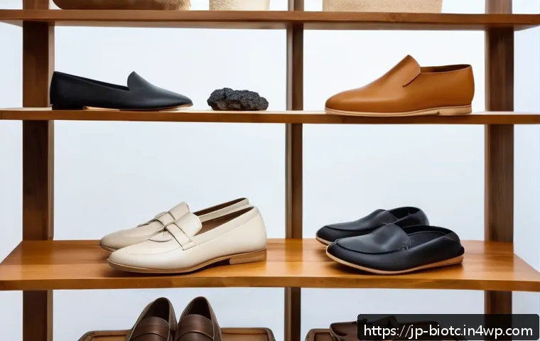 바이오패브릭의 국제적 협력 사례 - A close-up shot of a modern fashion atelier showcasing luxurious mushroom mycelium leather products,...