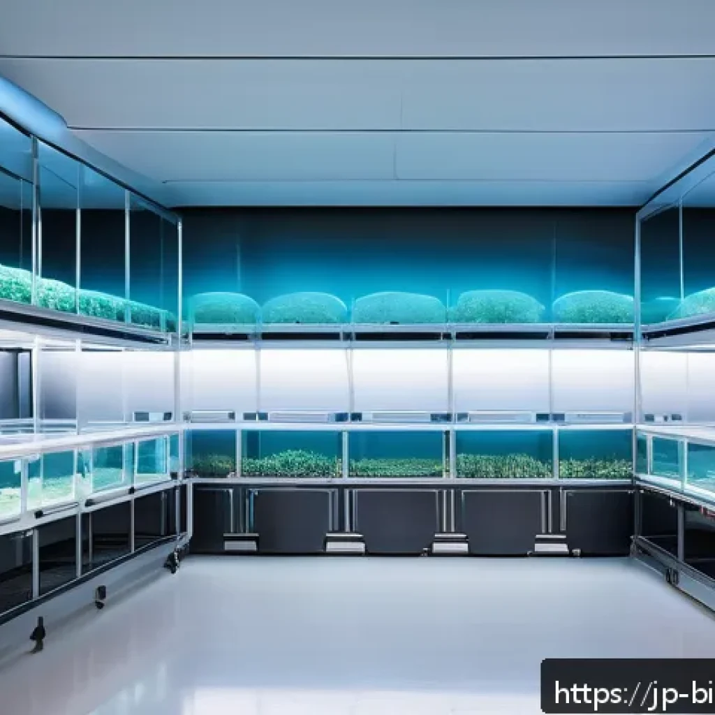 바이오패브릭의 생산 및 공급망 관리 - A futuristic biofabric production facility interior showcasing advanced microbial cultivation tanks ...