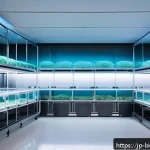 바이오패브릭의 생산 및 공급망 관리 - A futuristic biofabric production facility interior showcasing advanced microbial cultivation tanks ...
