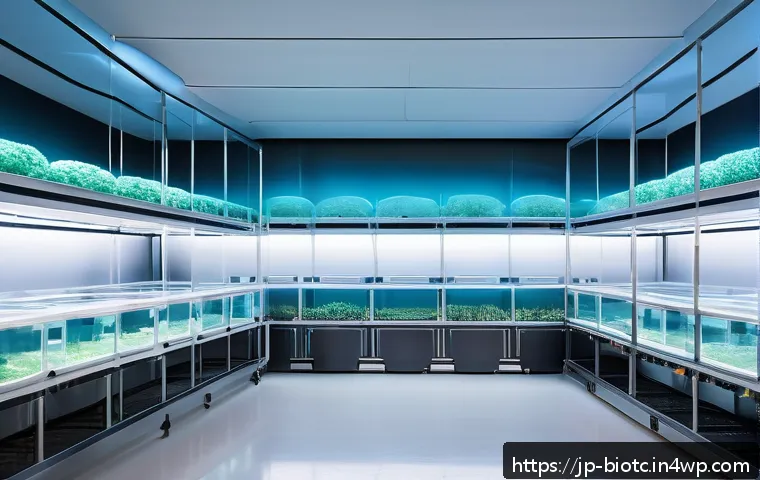 바이오패브릭의 생산 및 공급망 관리 - A futuristic biofabric production facility interior showcasing advanced microbial cultivation tanks ...