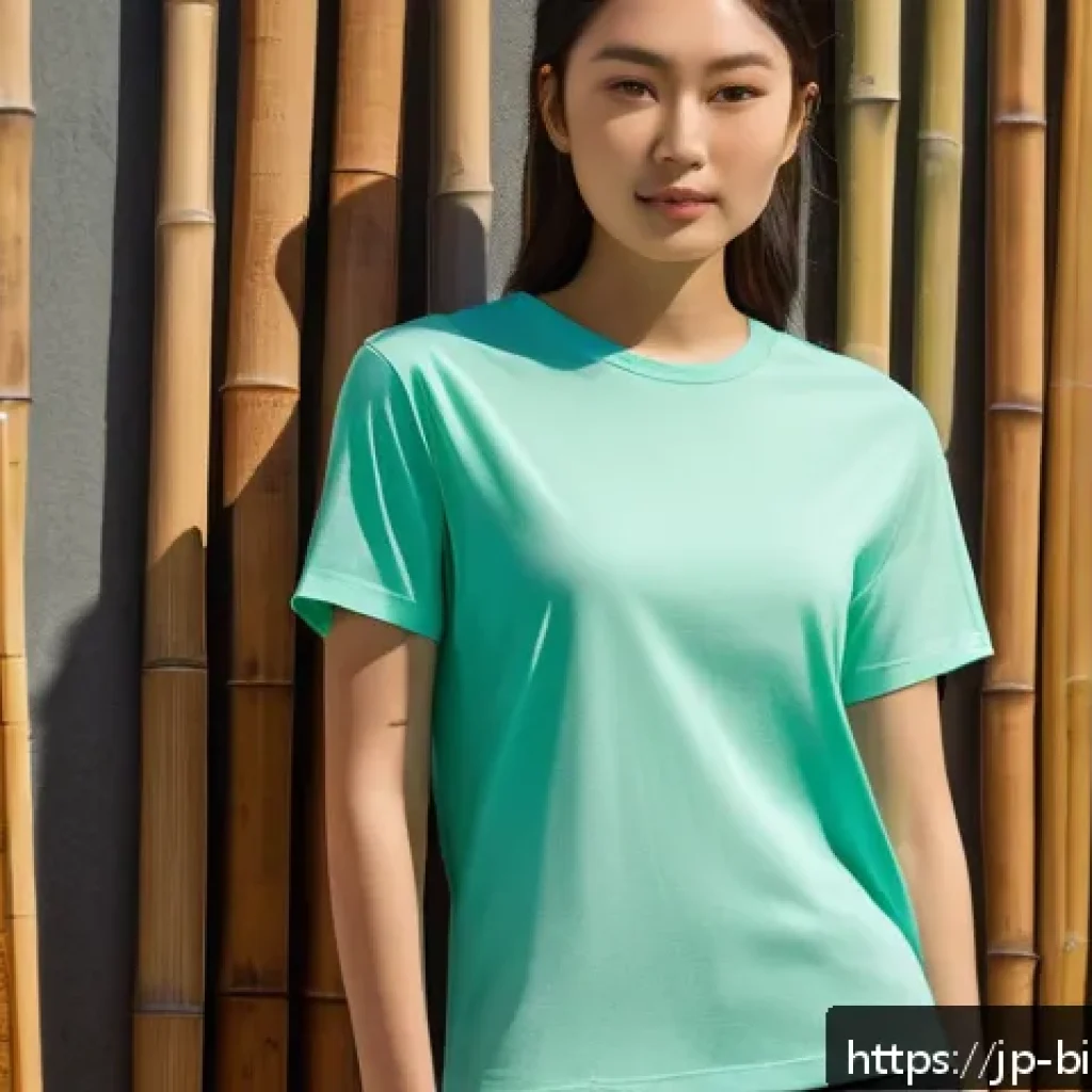 바이오패브릭과 환경 보호의 관계 - A modern fashion photoshoot featuring a young Japanese model wearing a soft, breathable bamboo fiber...