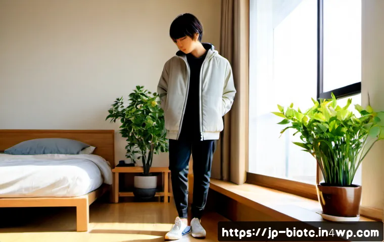 바이오패브릭 제품의 라이프스타일 변화 - Photorealistic modern Japanese apartment bedroom, a stylish young adult wearing a minimalist biofabr...